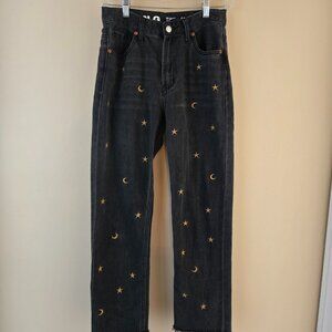 S.O.N.G Black Denim Moon Star Zodiac Gold Embroidered Jeans Size 3/26 Goth
